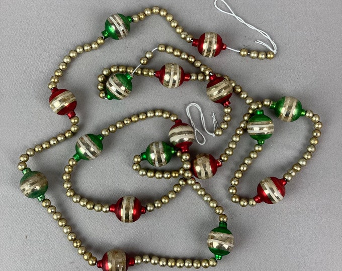 Vintage Christmas Tree Garland, Red and Green Striped Beads With Smaller Gold Beads, Garland
