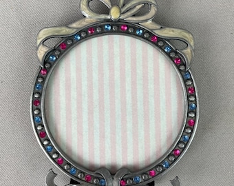 Vintage Picture Frame, Table Top Frame, Round, 2 3/4" Photo Size, with Rhinestones, Enamel and a Bow, Easel Back