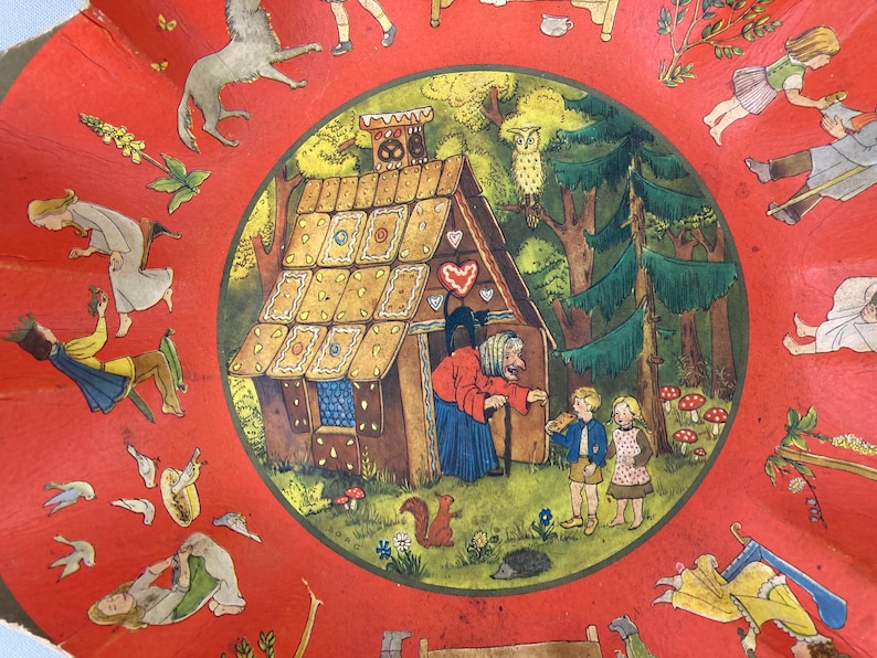 Vintage German Christmas Lightweight Cardboard Cookie-Treat Tray, Hansel and Gretel Theme, Fairy Tales, Paper Container for Cookies, 1940's