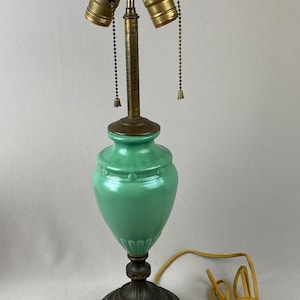 Vintage Table Lamp, 1930-1940's, Ceramic, Jade Green with Drip Glaze, Ornate Metal Base and Cap, Double Sockets, 21" tall x 6" wide