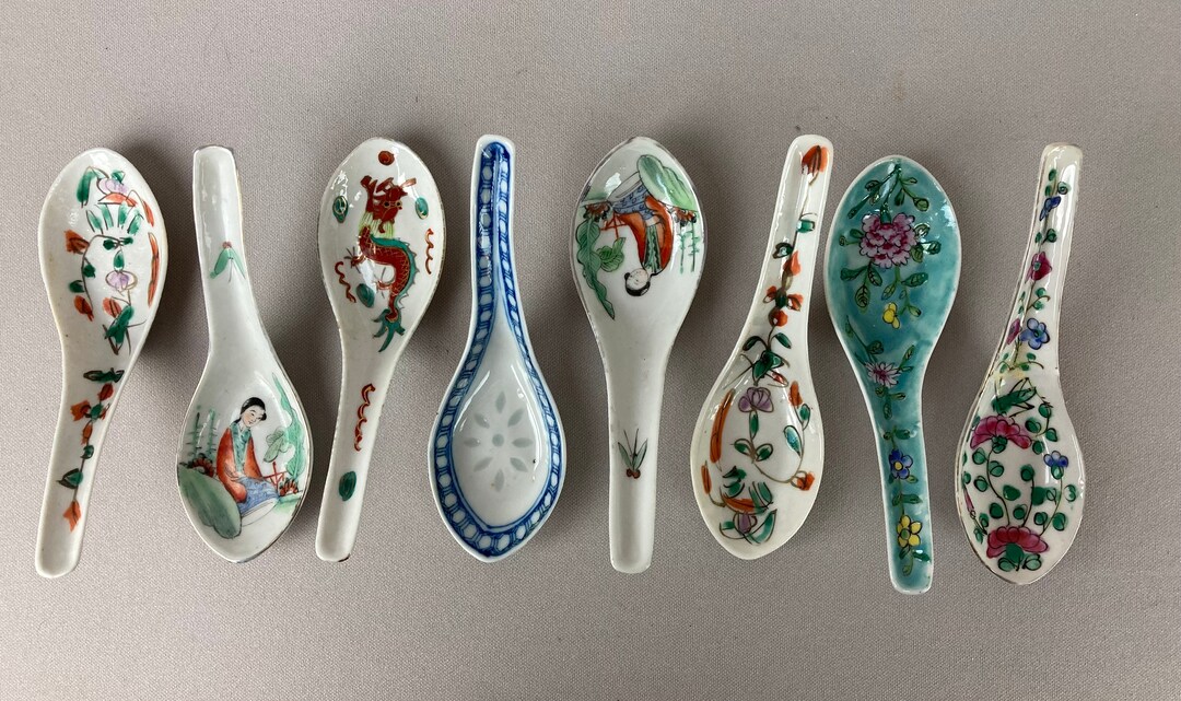 Vintage Chinese Soup Spoons Porcelain Group of 8 6 Etsy