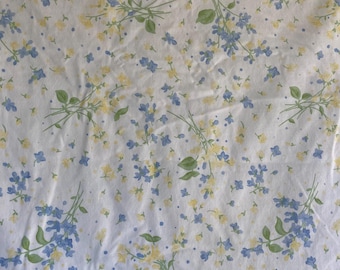 Vintage Martha Stewart Flat Bed Sheet,  King Bed Size, Flora Print, Blue, Yellow and Green, White Background, 100% Cotton