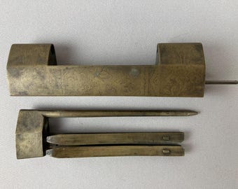 Vintage Chinese Brass Lock, Extra Large Size, 6" long x 1 3/4" tall, With Key, Beautiful Etched Designs, Very Heavy, Chest or Cabinet Lock