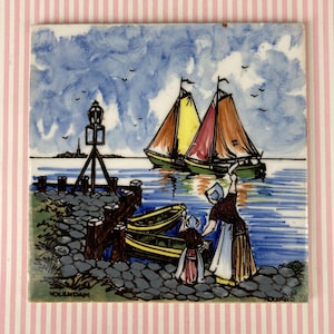 Vintage Delftware Tile, Harbor Scene w/ Sailing Boats, Mother and Child Waving Goodby, Hand Painted, Holland Dutch, Measures 6 x 6", Trivet