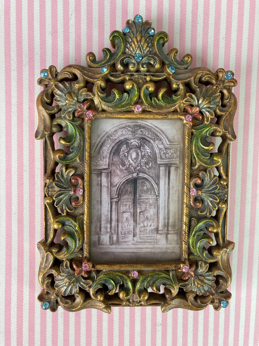Vintage Picture Frame Table Top Frame Pastel Rhinestones Etsy