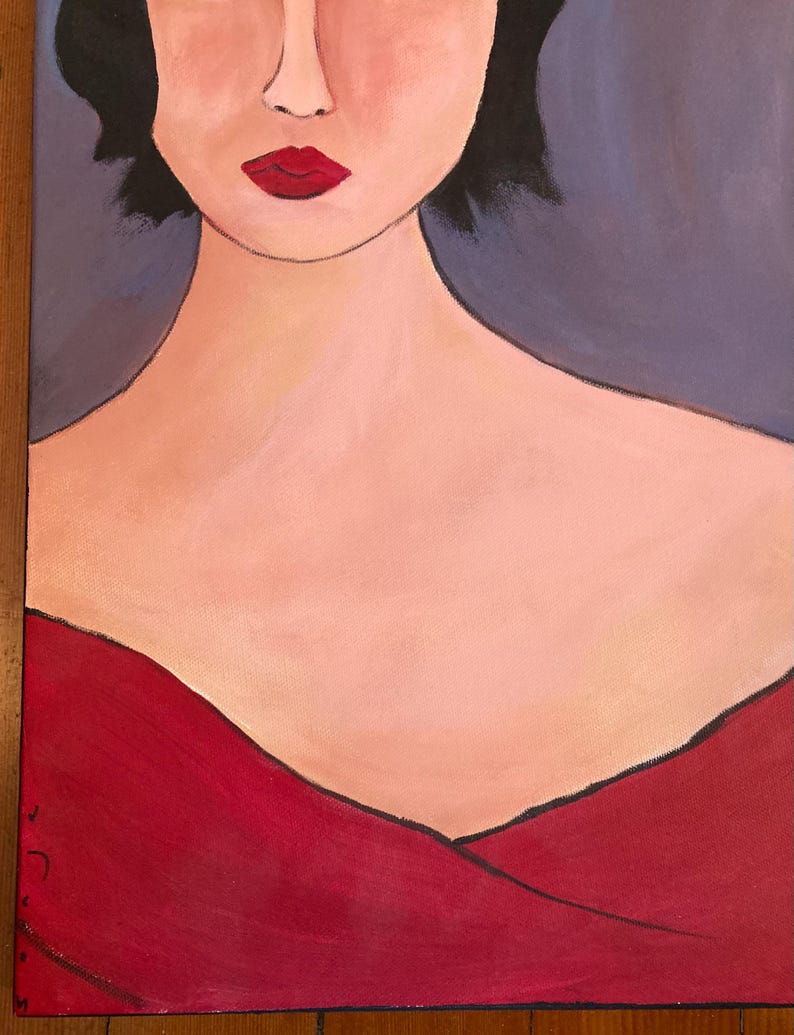 May include: An acrylic painting of a woman's face and upper body. The woman has red lips, black hair, and is wearing a red dress. The background is a muted purple. The painting is on a canvas.