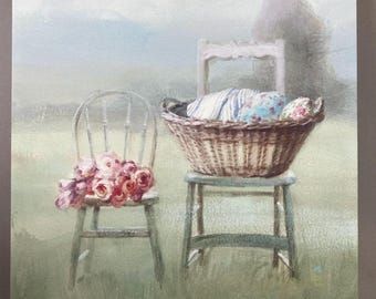 Vintage Giclee Print, Stretched Canvas, Measures 12 x 12 " Wash Day", Country Farmhouse Decor, Laundry Basket w/ Linen,  Antique Chairs
