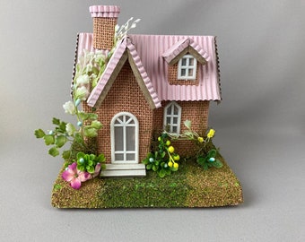 Vintage Springtime Home Decor, Country Cottage with Pink Roof, Flowers in the Garden,Green Grass, Measures approx. 8 3/4" wide x 8 1/2" tall