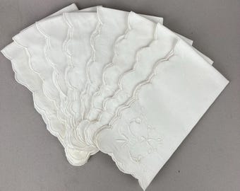 Vintage Table Napkins, UNUSED, White Cotton with Floral Embroidery  Set of 8, Scalloped Edges, 100% Cotton, 16" Square, Fancy Dinner Party