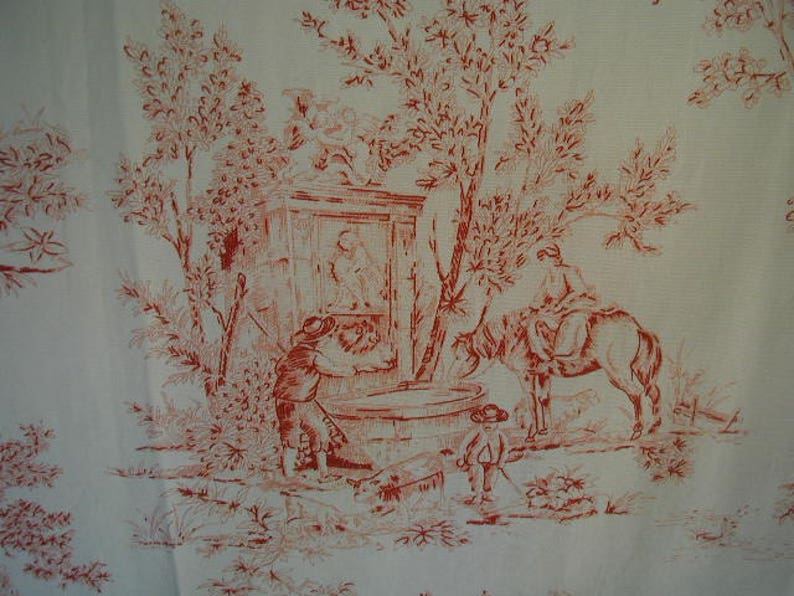 With Checked Tie Backs 2 Panels Designer Weight Fabric Vintage Toile Curtain Panels Red and White Toile 85 12 long x 51 12 wide