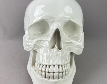 Vintage Halloween Decoration,  Shiny White Skull, Life Size,  8 1/2" tall x 10 1/2" long x 6 1/4" wide, Sophisticated Halloween Decor, Resin