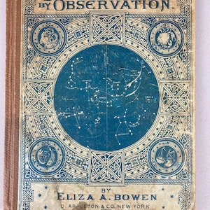 May include: Antique book titled "Astronomy by Observation" with a blue and beige cover. The cover features a celestial map and decorative borders. The author's name, Eliza A. Bowen, and the publisher, D. Appleton & Co., New York, are also visible.
