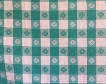 Vintage Tablecloth, Aqua Blue-Green Checks with Daisy Flower Centers, Summer Picnics, 100% Cotton Fabric, Measures 54 x 70", Farmhouse