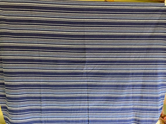 Vintage Tablecloth, Striped Tablecloth, Oval Tablecloth, Measures approx. 58 x 67", Shades of Blue, Cotton Fabric, Border Print, Blue, White
