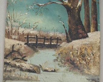 Antique Original Oil Painting, Small Folk Art Painting, Winter Scene, Primitive, Naive Oil Painting, Very Charming