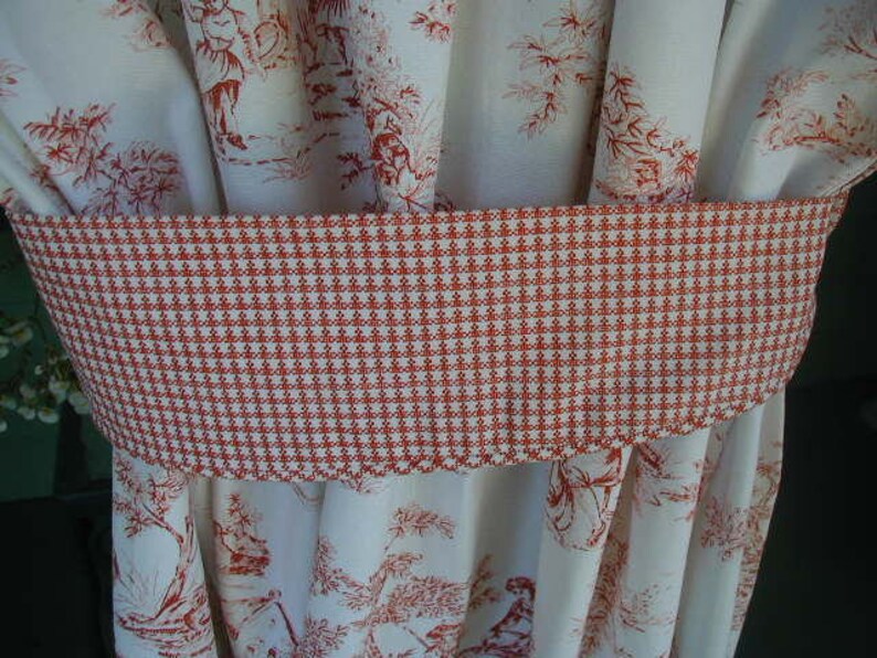 With Checked Tie Backs 2 Panels Designer Weight Fabric Vintage Toile Curtain Panels Red and White Toile 85 12 long x 51 12 wide