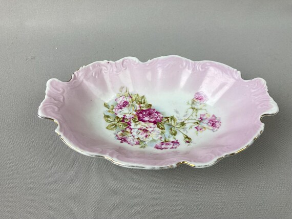 Vintage-Antique Candy or Nut Dish, Pink Luster Transferware with Pink and Cream Roses and Green Foliage, Gold Gilt Trim, 7 1/4 x 4 3/4"