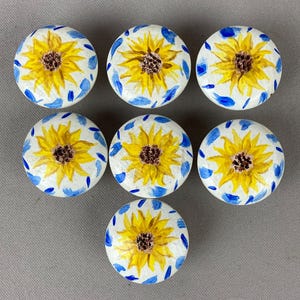 Vintage Drawer/ Cupboard Knobs, Group of 7, 1 1/2" Diameter, Wood Knobs, with Hand Painted Sunflowers, Includes Mounting Screws, Farmhouse