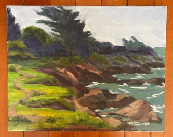 Vintage, Original Oil Painting, California Coastline, Big Sur, Rocky Cliffs, Cypress Trees, Lively Surf, Measures 20 x 16", Unframed