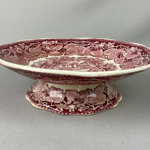 Vintage Mason&#39;s Ironstone, Pink Vista Pedestal, Cake Plate, Red and White Transferware, Made in England, 1940&#39;s,9&quot; Diameter, 2 3/4&quot; Tall