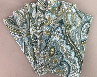 Vintage Table Napkins or Dinner Napkins, UNUSED, Set of 6, Blue, Green and White Paisley Print, Reversible,  18 1/2" Square, 100% Cotton