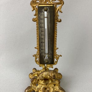 Antique Victorian Thermometer, Brass Thermometer with Dog, Table Top Thermometer, Works, Measures 7&quot; tall x 2 7/8&quot; wide, Early Century