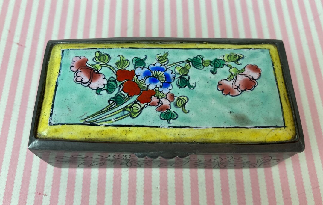 Very Vintage Stamp Box, Engraved Pewter With Enamel, Small Box