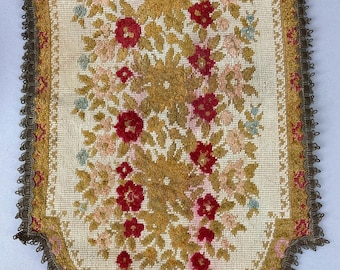 Vintage Table Runner, Tapestry, Measures 34 x 12 1/2", Old World Look, Made in Belgium, Trimmed with Metallic Braid
