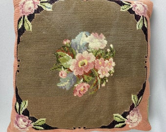 Very Vintage Needlepoint Pillow, Hand Stitched, Center Has Floral Bouquet with Roses, Lt.Chocolate Brown Background, Single Roses in Corners