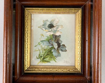 Antique Framed Floral Art Print, Catherine Klein (1861-1929) Anemomes, Antique Dark Wood Tiered Frame w/Gilt Liner, 10 1/4 x 9 1/4 x 2 3/8