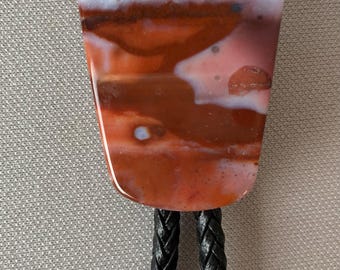Vintage Bolo Tie,  Pigeon Blood Agate, Shield Shape, From Utah, with Silvertone Tips, Braided Black Leather String, 36" String,  Hand Made