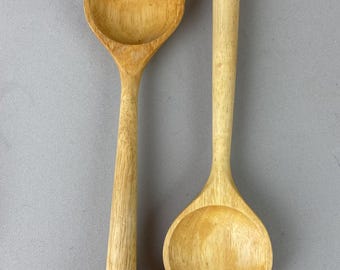 Vintage Salad Servers, Pair, Wooden, Farmhouse, 12 1/4" long, Fork and Spoon, Blond Wood, Stylized Shape