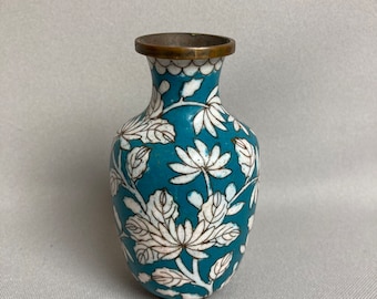 Vintage Cloisonne Vase, Miniature Chinese Emanel Vase, Blue and White, Floral Pattern, "Old China" Mark, Measures 4" tall x 3 1/8" wide