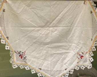 Vintage, Table Topper or Doily, White Linen with Hand Embroidery, Multi-Color Flowers, 2" wide Hand Crocheted Edges, Octagonal Shape
