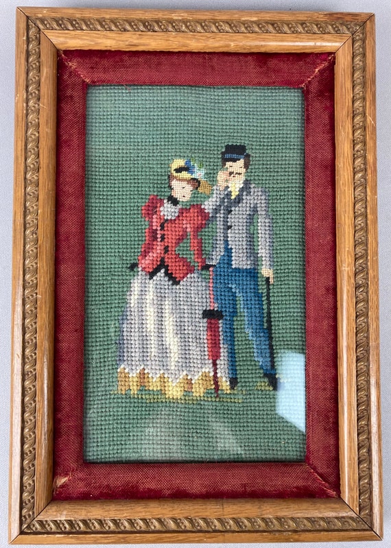 Vintage, Framed Wool Needlepoint, Edwardian Couple, Antique Frame