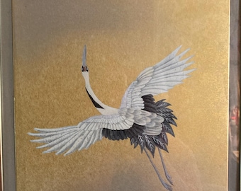 Vintage, Original Painting, Japanese Flying Crane, Soft Colors, Framed in Narrow Gold Metal Frame, Measures 14 1/4 x 11 3/8", Signed