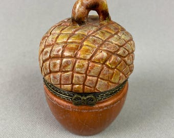 Vintage Ring Box or Toy Trinket Box, Ceramic Acorn with Tiny Squirrel Inside, Hinged Lid, Brass Fittings, 2 3/4" tall x 1 3/8" wide