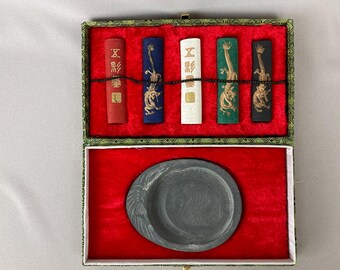 Vintage Ink Set with Mixing Bowl, For Chinese Calligraphy, UNUSED, Lovely Brocade Box with Painting on Lid, Measures 7 1/2 x 4 1/4 x 1 1/2
