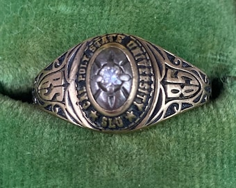 Vintage Jostens Class Ring, Woman's Class Ring, Cal Poly University,  San Luis Obispo, BS, 1985, 10K Gold, Size 6, Monogrammed ,