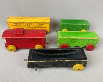 Vintage, Child's Toy, Toy Train, Wooden, Five Piece Set, "Strombecker-",  5 Piece Set,  Refrigerator Car Measures 5 1/4",  1950's Toy Train