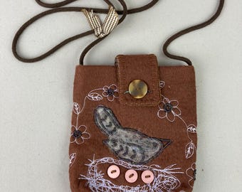 Vintage, Crossbody Purse, Artisan Crafted, Brown Felt w/ Hand Felted Bird, Beading, Embroidered Nest with "Button" Eggs, Phone, Credit Card