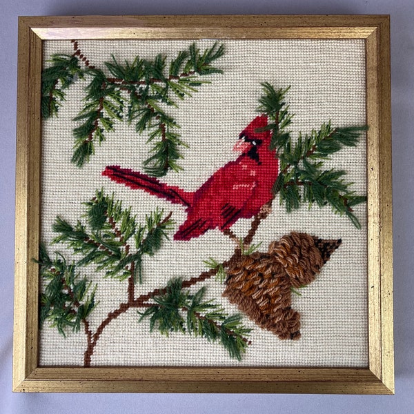 Vintage Needlepoint Picture, Hand Stitched, Framed, Red Cardinal Bird, with Pine Branches and Pine cones, 3-D Stitching, Gold Frame