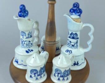 Condiment and Cruet Set, Metlox, Poppy Trail, Provincial Blue, 9 Piece Set, Oil- Vinegar Cruets, Salt-Pepper, Mustard Pot, Lazy Susan Stand