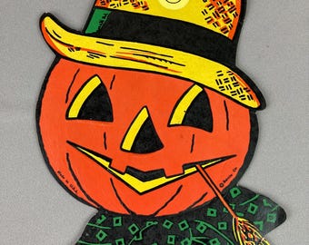 Vintage, Halloween Decoration, Smiley Pumpkin with Hat, Made by Beistle, Made in USA, Party Decoration, Mid-Century