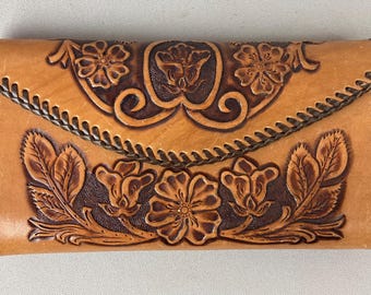 Vintage Hand Tooled Leather Wallet, Women's Wallet, Foldover, Flowers, Western Horse,  Velcro Closure, Checkbook, Coins, 2 Compartments, Pen