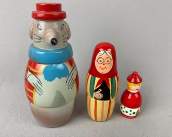 Vintage Nesting Doll, "Little Red Riding Hood", Hand Painted, Made in Poland, Wolf, Grandma, Little Red Riding Hood, Wooden Toy