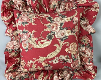 Vintage Ralph Lauren Toss Pillow, Throw Pillow, Ruffled Edges, "Marseiles" Pattern,  Floral Print, Red  Background w/ Beige, Green and Pink