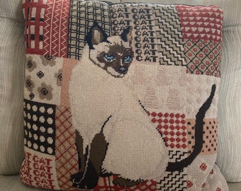 Vintage, Wool Needlepoint Toss Pillow, Throw Pillow, Siamese Cat with Patchwork Pattern, Burnt Oranges, Browns, Cream, Measures 15 x 15" Sq