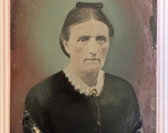 Vintage, Victorian Tintype, Large Size, Measures 12 x 8 1/2", Elderly Woman with Lace Collar, Gold Jewelry, Tinted, Unframed