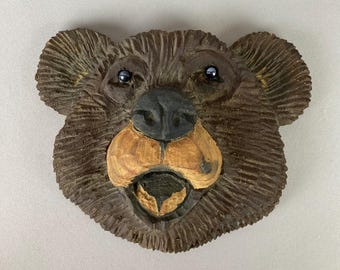 Vintage Wall Art, Hand Carved Wooden Bear Face, Measures 9 1/2" wide x 7 1/2" ta;;. Cabin or Lodge Decor, Inlaid Glass Eyes